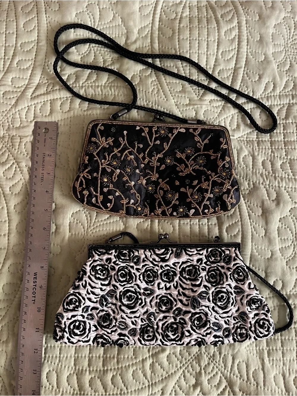 Two Elegant Black Floral Beaded Evening Bags